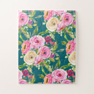 Rose in Rosa und Creme auf Aquamarin Puzzle