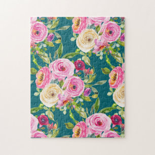 Rose in Rosa und Creme auf Aquamarin Puzzle
