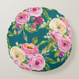 Rose in Rosa und Creme auf Aquamarin Rundes Kissen