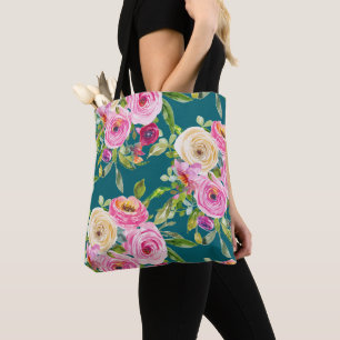Rose in Rosa und Creme auf Aquamarin Tasche