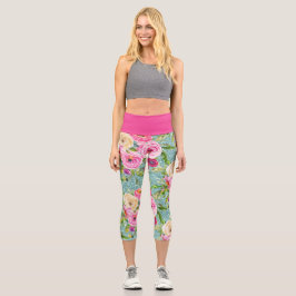 Rose in Rosa und Creme auf dem Aqua-Glitzer Capri Leggings