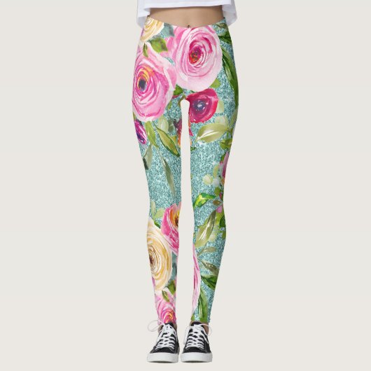 Rose in Rosa und Creme auf dem Aqua-Glitzer Leggings (Vorderseite)