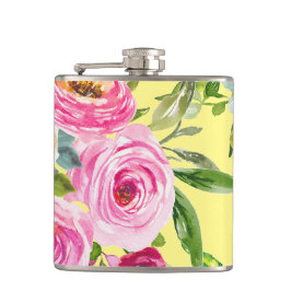 Rose in Rosa und Creme auf Gelb Flachmann