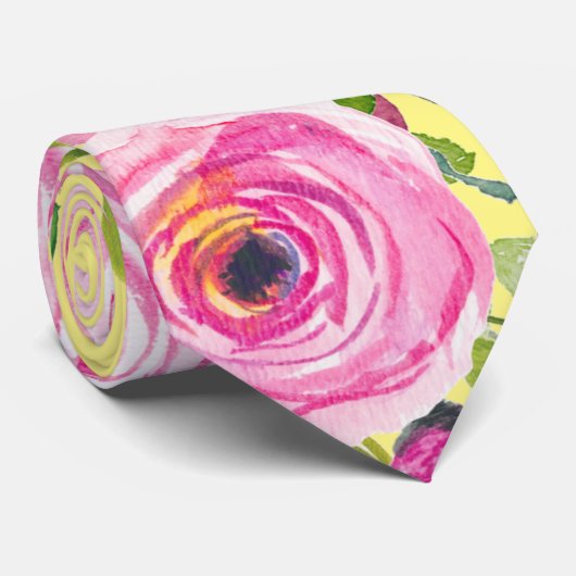 Rose in Rosa und Creme auf Gelb Krawatte (Gerollt)