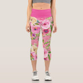 Rose in Rosa und Creme auf rosa Glitzer Capri Leggings (Vorderseite)