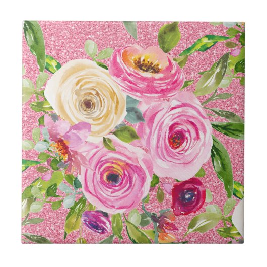 Rose in Rosa und Creme auf rosa Glitzer Fliese (Vorderseite)