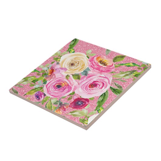 Rose in Rosa und Creme auf rosa Glitzer Fliese (Seite)