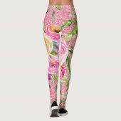 Rose in Rosa und Creme auf rosa Glitzer Leggings (Rückseite)