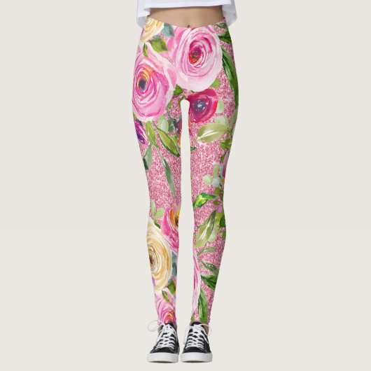 Rose in Rosa und Creme auf rosa Glitzer Leggings (Vorderseite)