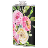 Rose in Rosa und Creme auf Schwarz Flachmann (Links)