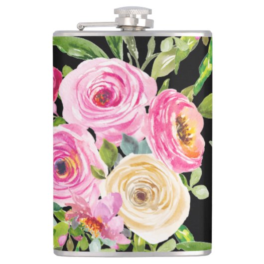 Rose in Rosa und Creme auf Schwarz Flachmann (Vorderseite)