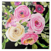 Rose in Rosa und Creme auf Schwarz Fliese (Vorderseite)