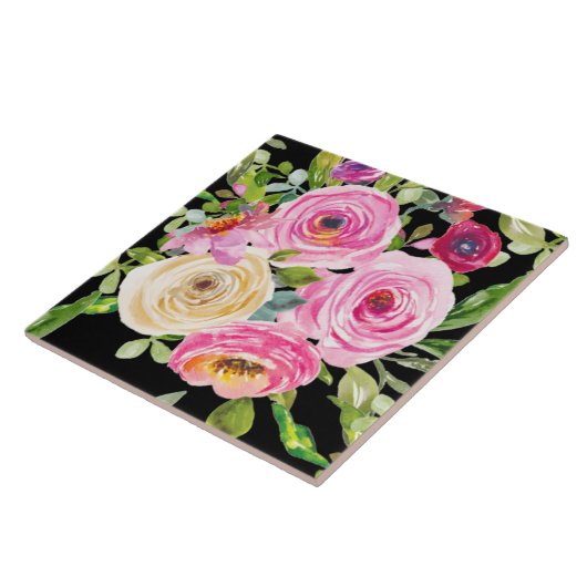 Rose in Rosa und Creme auf Schwarz Fliese (Seite)
