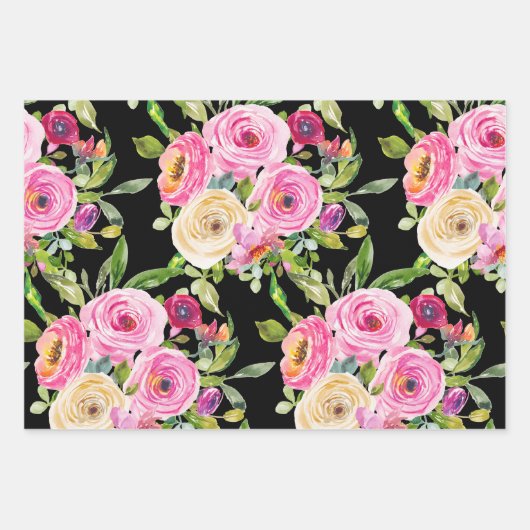 Rose in Rosa und Creme auf Schwarz Geschenkpapier Set (Vorderseite)