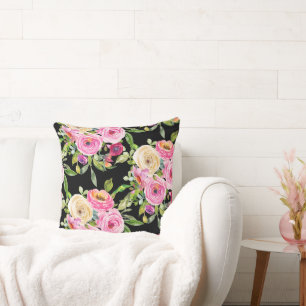 Rose in Rosa und Creme auf Schwarz Kissen