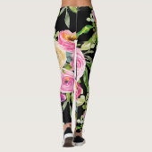 Rose in Rosa und Creme auf Schwarz Leggings (Rückseite)