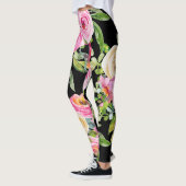 Rose in Rosa und Creme auf Schwarz Leggings (Links)