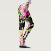 Rose in Rosa und Creme auf Schwarz Leggings (Rechts)