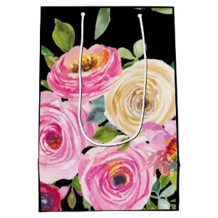 Rose in Rosa und Creme auf Schwarz Mittlere Geschenktüte
