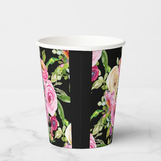 Rose in Rosa und Creme auf Schwarz Pappbecher (Rechts)