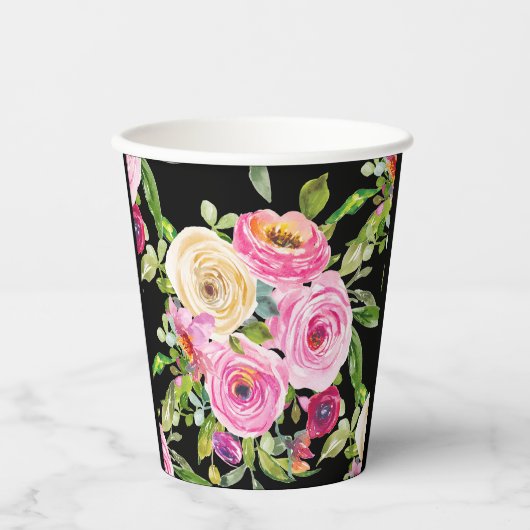 Rose in Rosa und Creme auf Schwarz Pappbecher (Vorderseite)