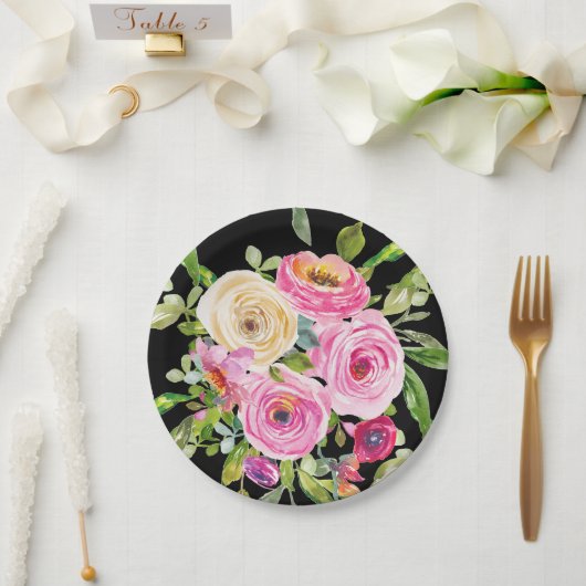 Rose in Rosa und Creme auf Schwarz Pappteller (Hochzeit)