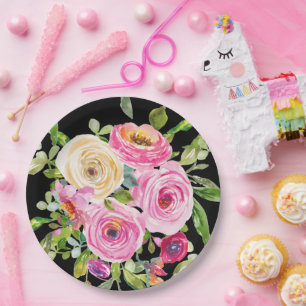 Rose in Rosa und Creme auf Schwarz Pappteller