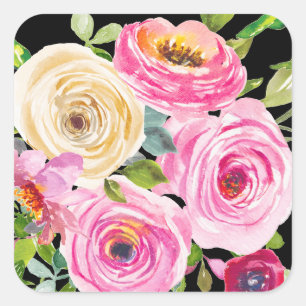 Rose in Rosa und Creme auf Schwarz Quadratischer Aufkleber