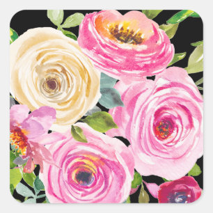 Rose in Rosa und Creme auf Schwarz Quadratischer Aufkleber