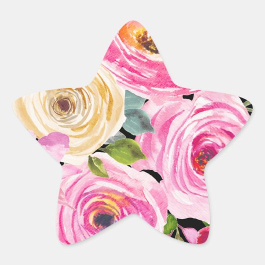 Rose in Rosa und Creme auf Schwarz Stern-Aufkleber (Vorderseite)
