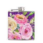 Rose in Rosa und Creme, Lila Glitzer Flachmann (Vorderseite)