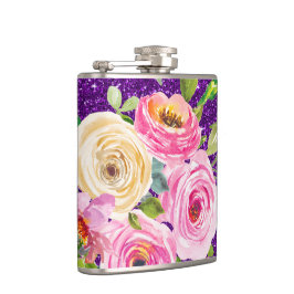 Rose in Rosa und Creme, Lila Glitzer Flachmann