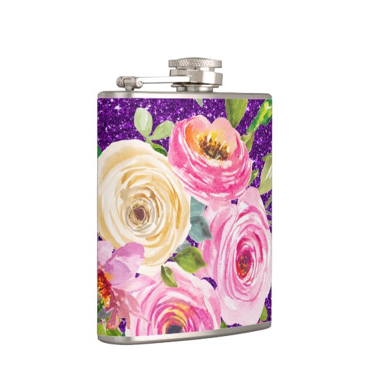 Rose in Rosa und Creme, Lila Glitzer Flachmann (Rechts)