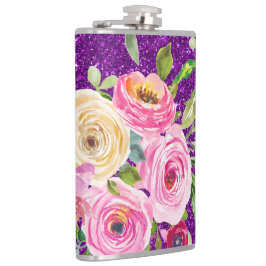 Rose in Rosa und Creme, Lila Glitzer Flachmann