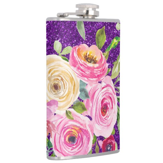 Rose in Rosa und Creme, Lila Glitzer Flachmann (Rechts)