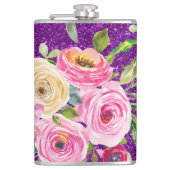 Rose in Rosa und Creme, Lila Glitzer Flachmann (Vorderseite)