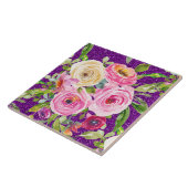 Rose in Rosa und Creme, Lila Glitzer Fliese (Seite)