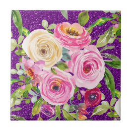 Rose in Rosa und Creme, Lila Glitzer Fliese