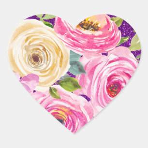 Rose in Rosa und Creme, Lila Glitzer Herz-Aufkleber