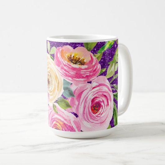 Rose in Rosa und Creme, Lila Glitzer Kaffeetasse (VorderseiteRechts)
