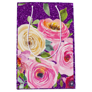 Rose in Rosa und Creme, Lila Glitzer Mittlere Geschenktüte