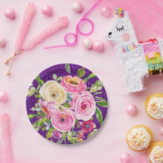 Rose in Rosa und Creme, Lila Glitzer Pappteller (Party)