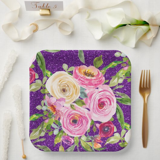 Rose in Rosa und Creme, Lila Glitzer Pappteller (Hochzeit)