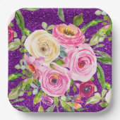 Rose in Rosa und Creme, Lila Glitzer Pappteller (Vorderseite)