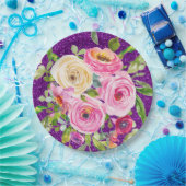 Rose in Rosa und Creme, Lila Glitzer Pappteller (Party)