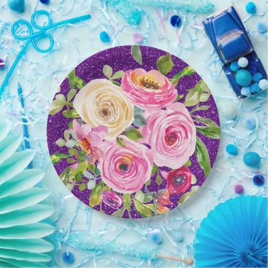 Rose in Rosa und Creme, Lila Glitzer Pappteller (Party)
