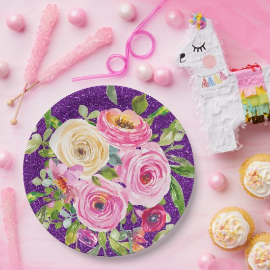 Rose in Rosa und Creme, Lila Glitzer Pappteller (Party)