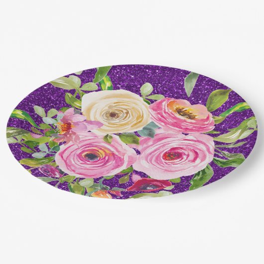 Rose in Rosa und Creme, Lila Glitzer Pappteller (Schrägansicht)