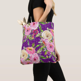 Rose in Rosa und Creme, Lila Glitzer Tasche