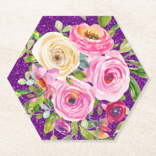 Rose in Rosa und Creme, Lila Glitzer Untersetzer